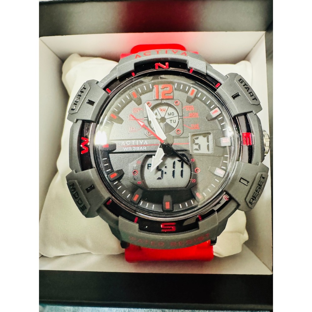 Activa Mens Analog Digital Sport Watch Gray Red World Time Chronograph 3BAR